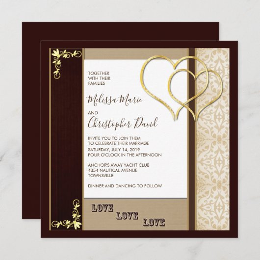 茶色ファンシーと金ゴールドと結婚ハート 招待状 (正面/裏面)