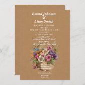 茶色フェイクの工芸紙と花結婚の花 招待状 (正面/裏面)