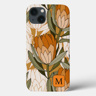茶色フェミニンイニシャルの植物模様 iPhone 13ケース