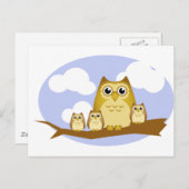 茶色フクロウファミリー - 子ども3人 ポストカード (正面/裏面)
