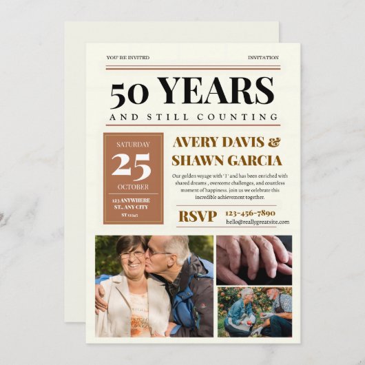 茶色ベージュ シンプル グリッド 新聞 50周年 招待状 (正面/裏面)