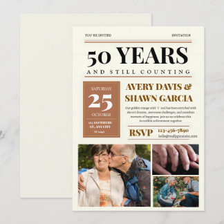 茶色ベージュ シンプル グリッド 新聞 50周年 招待状