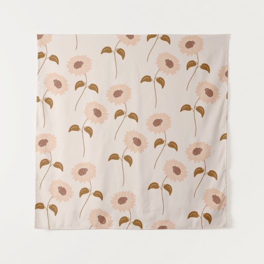 茶色ベージュ レトロ Y2K ヒッピーのひまわり柄 タペストリー (正面)