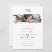 茶色モダンと白の線の結婚写真 招待状 (正面)