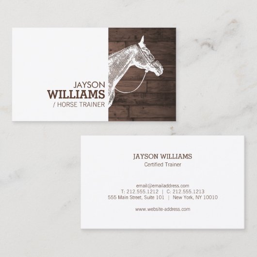 茶色モダンの木目に白い素朴馬のモチーフ 名刺 (正面/裏面)