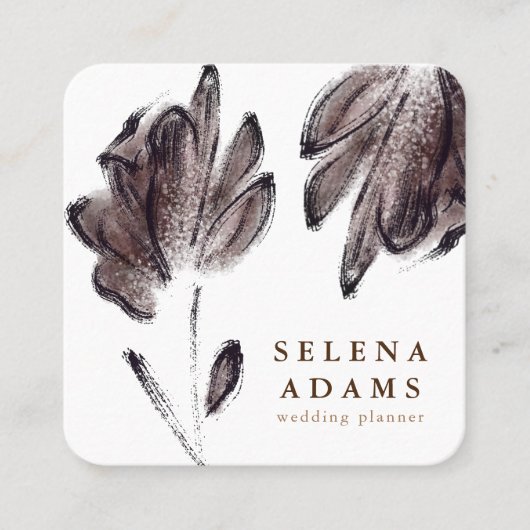 茶色モダンの水色フローラスタイリッシュ スクエア名刺 (正面)