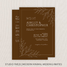 茶色モダンの葉の輪郭オールインワン結婚 招待状