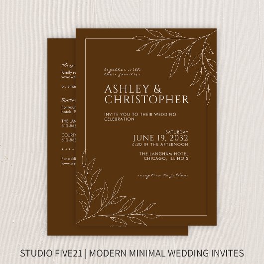 茶色モダンの葉の輪郭オールインワン結婚 招待状