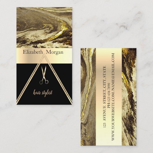 茶色モダンエレガント大理石金ゴールドブラック、はさみ 名刺 (正面/裏面)