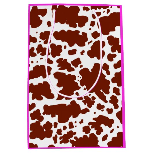 茶色モダンピンクの牛の肌の質感アニマルプリント ミディアムペーパーバッグ (正面)