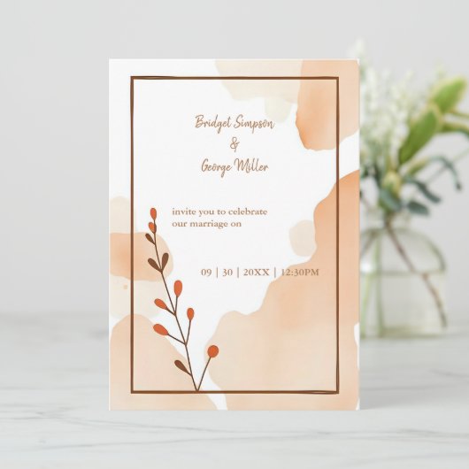 茶色抽象芸術ミニマルボホ結婚フローラ 招待状 (スタンド正面)