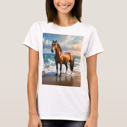 茶色素晴らしの馬がビーチに Tシャツ (正面)