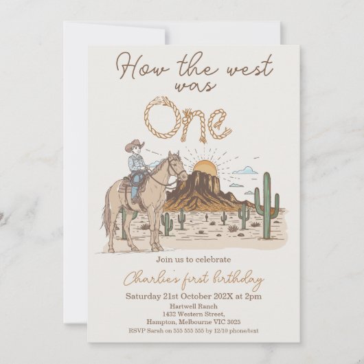 茶色素朴のカウボーイの西は1歳の誕生日だった 招待状 (正面)
