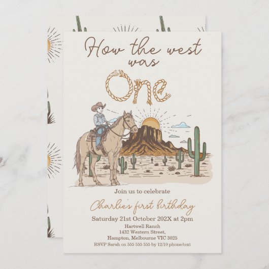 茶色素朴のカウボーイの西は1歳の誕生日だった 招待状 (正面/裏面)