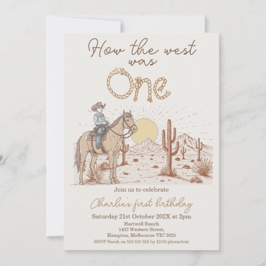 茶色素朴の夕日の西は1歳の誕生日 招待状 (正面)