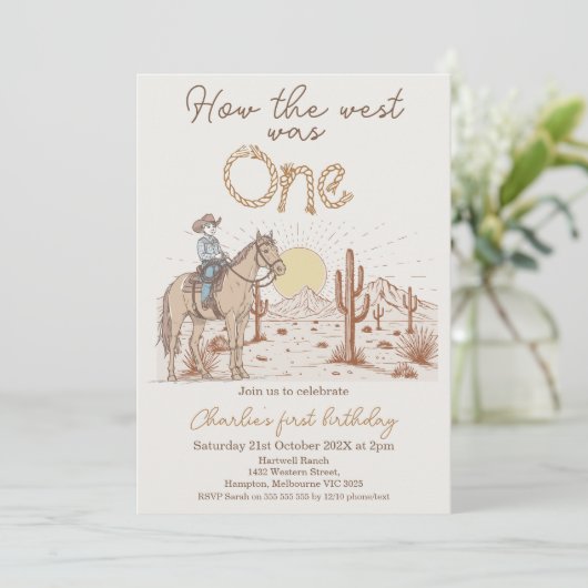 茶色素朴の夕日の西は1歳の誕生日 招待状 (スタンド正面)