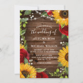 茶色素朴の木のひまわりと赤いバラ結婚の 招待状 (正面)