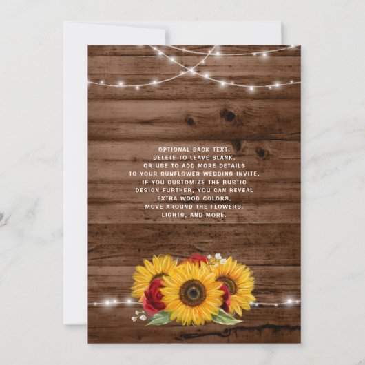 茶色素朴の木のひまわりと赤いバラ結婚の 招待状 (裏面)