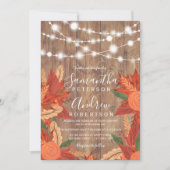 茶色素朴の木の糸がオレンジ色に結婚光る 招待状 (正面)