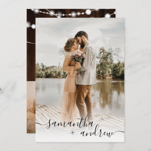 茶色素朴の木の糸の光2枚の結婚写真 招待状 (正面/裏面)