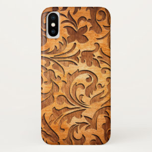 茶色素朴の木フェイク材フローラ渦巻き彫り iPhone X ケース