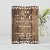 茶色素朴の木材、スクロール、タイポグラフィ結婚 招待状 (スタンド正面)