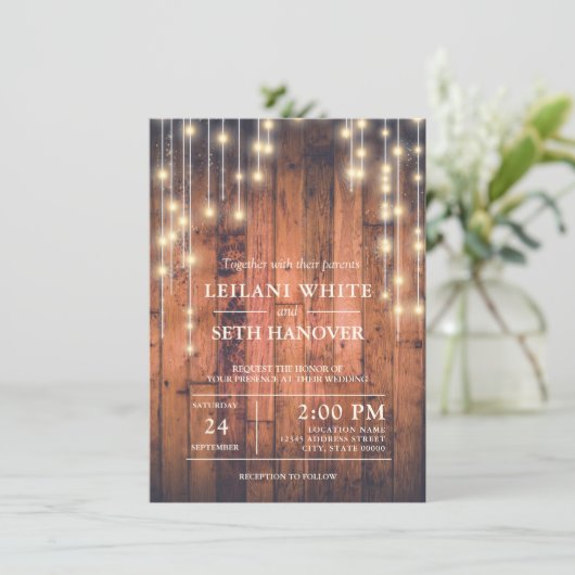 茶色素朴の木製ストリングラ結婚イト 招待状 (スタンド正面)