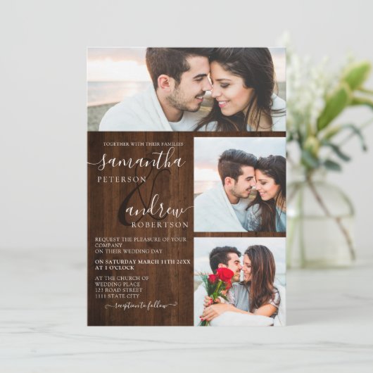 茶色素朴の木製台本3枚結婚写真 招待状 (スタンド正面)