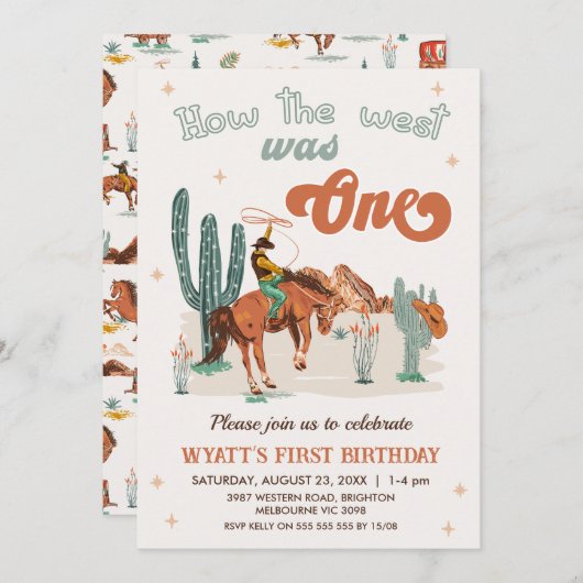 茶色素朴の緑の西は1歳の誕生日だった 招待状 (正面/裏面)