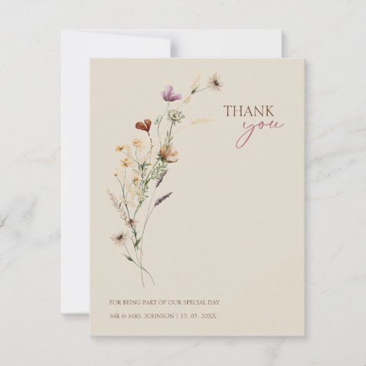 茶色素朴の野の花と蝶結婚の サンキューカード (正面)