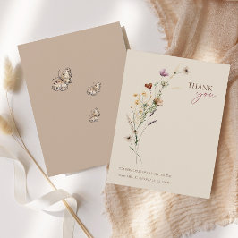 茶色素朴の野の花と蝶結婚の サンキューカード