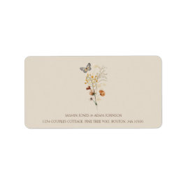 茶色素朴の野の花と蝶結婚の ラベル