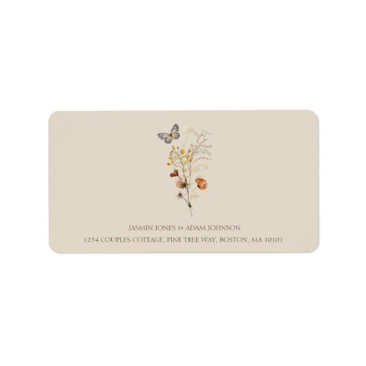 茶色素朴の野の花と蝶結婚の ラベル (正面)
