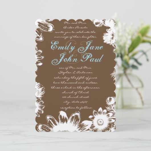 茶色素朴の青いヴィンテージの結婚花 招待状 (スタンド正面)