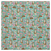 茶色縁どの犬のヴィンテージ花模様ターコイズ ファブリック (見本)