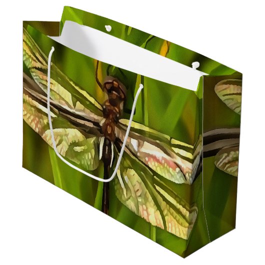 茶色芸術的と緑の黄色のトンボ ラージペーパーバッグ (正面アングル)