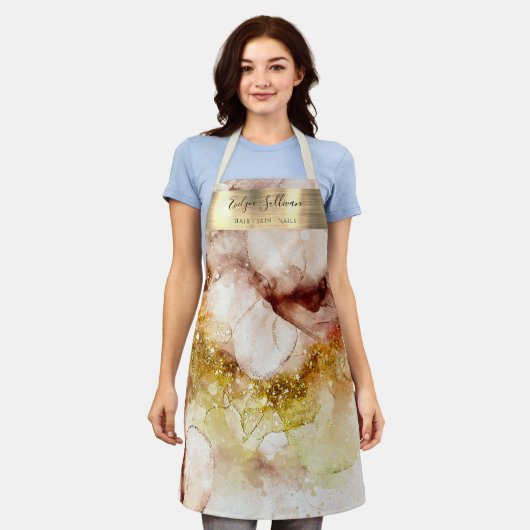 茶色金ゴールド水色美しいプロフェッショナルエプロン エプロン (着用した状態)