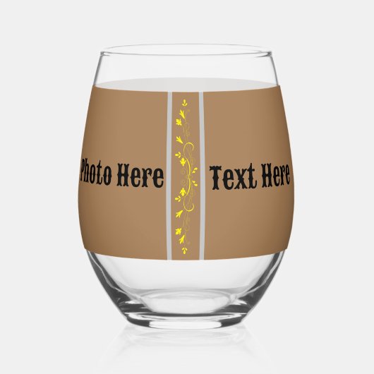 茶色黒のワインボトルフォト | テキスト。 ステムなしワイングラス (正面)