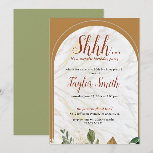 茶色 エレガント フラワー サプライズ パーティー 招待状 (正面/裏面)