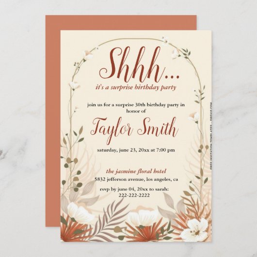 茶色 エレガント 花のサプライズパーティー招待状 招待状 (正面/裏面)