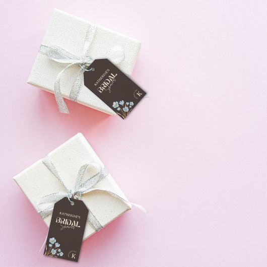 茶色 エレガント 青 水彩 花 ブライダルシャワー ギフトタグ