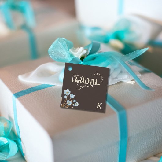 茶色 エレガント 青 水彩 花 ブライダルシャワー フェイバータグ