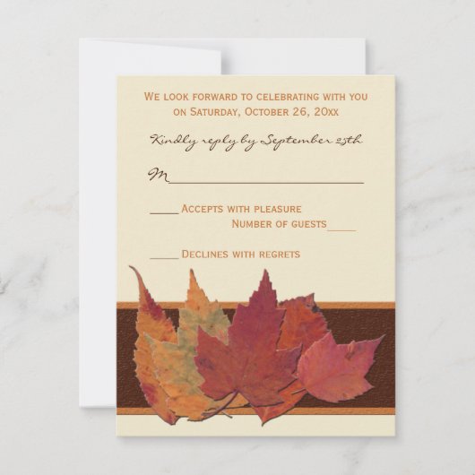 茶色 オレンジ色 象牙色 乾燥した葉 RSVP カード (正面)