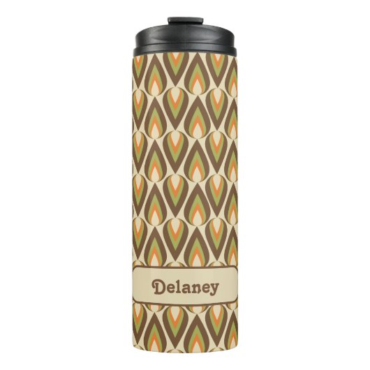 茶色、オレンジ、緑のレトロ幾何涙滴 タンブラー (正面)