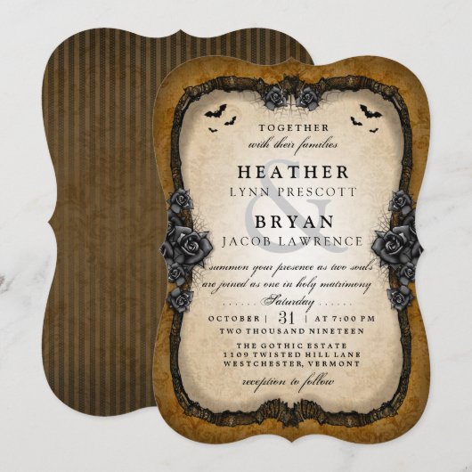 茶色 ゴシック ローズ & バット ハロウィン ウェディング インビテ 招待状 (正面/裏面)
