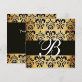 茶色 ブラック ダマスク パーチメント モノグラム , 白 招待状 (正面/裏面)