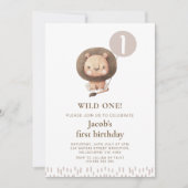 茶色 モダン サファリ ライオン ワイルド ワン 1歳 誕生日 招待状 (正面)