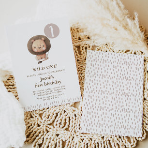 茶色 モダン サファリ ライオン ワイルド ワン 1歳 誕生日 招待状