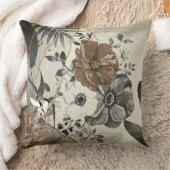 茶色、リネン、灰色の花鳥 クッション (ブランケット)