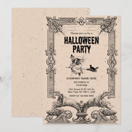 茶色 ヴィンテージ ハロウィンパーティー 招待状 (正面/裏面)